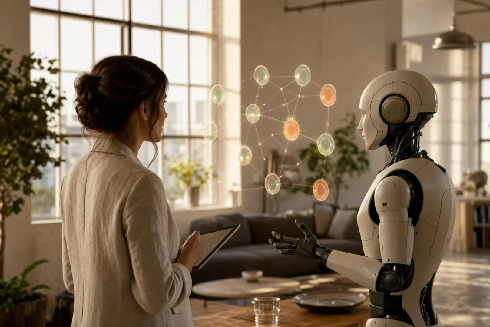 Editorial-Szene: Eine Frau im Leinenblazer mit Tablet im ruhigen Dialog mit einem humanoiden Roboter – Sinnbild für geteilte Verantwortung zwischen Mensch und Maschine.